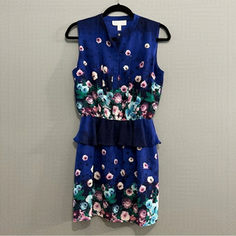 Jaye.e. Floral Cobalt Blue Peplum Sleeveless Flirty Button Down Cocktail Dress